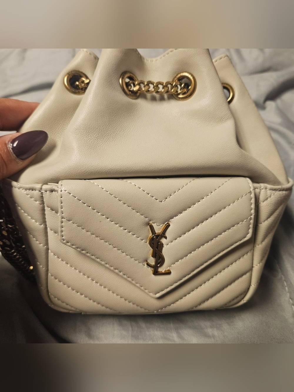 Saint Laurent Cream Quilted Mini Drawstring Bag with Gold Chain Strap - Picture 2 of 7